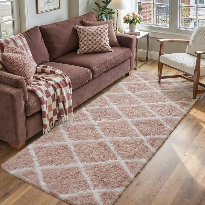 2x6 Checkered Rug Pink and White Modern Soft Area Rug Fluffy Non-Slip Carpet for Bedroom Living Room Playroom Home Aesthetic Decor