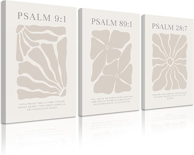 Scripture Christian Wall Art Set of 3 Beige Bible Verses Wall Decor Neutral Psalm Canvas Wall Art Modern Pictures Flower Prints Christian Artwork for Living Room Bedroom 12x16 Inch Ready to Hang