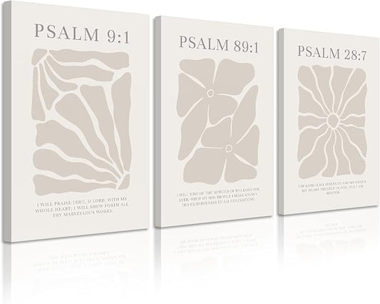 Scripture Christian Wall Art Set of 3 Beige Bible Verses Wall Decor Neutral Psalm Canvas Wall Art Modern Pictures Flower Prints Christian Artwork for Living Room Bedroom 24x36 Inch Ready to Hang