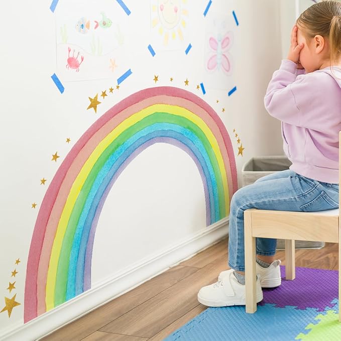 Large Watercolor Rainbow Wall Stickers, Star Colorful Peel and Stick Wall Decals, Baby Room Nursery Kids Bedroom Art Wall Decor
