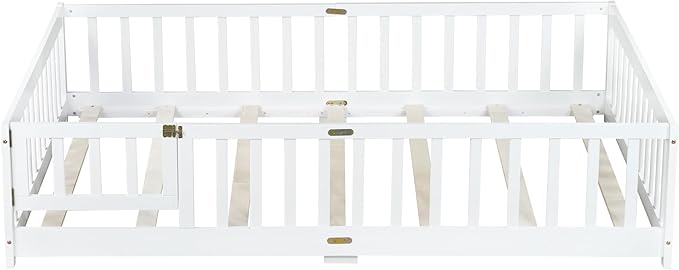 Full Size Montessori Floor Bed Frame with Convertible Door & Wood Slats for Kids,Wood Montessori Bed with Safety Guardrails for Girls & Boys,White