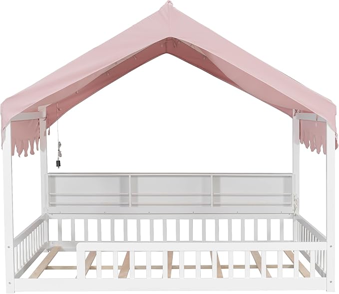 Merax Full Size Montessori Floor Bed for Kids Toddler, House Shaped Kids Full Bed Frame with Safety Guardrail, Curtain & Lights, Side Storage Bookshelves, Solid Wood Slats, Easy Assembly, Pink