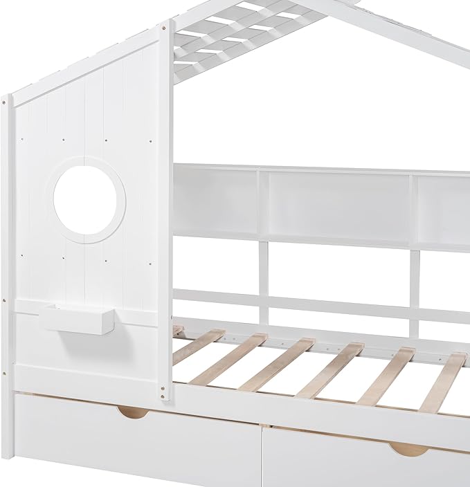 Modern Twin Size House Bed with Roof and Window, Wooden Daybed Frame with Shelves and 2 Drawers,Bedroom Furniture for Girls & Boys (White+2 Drawers/)