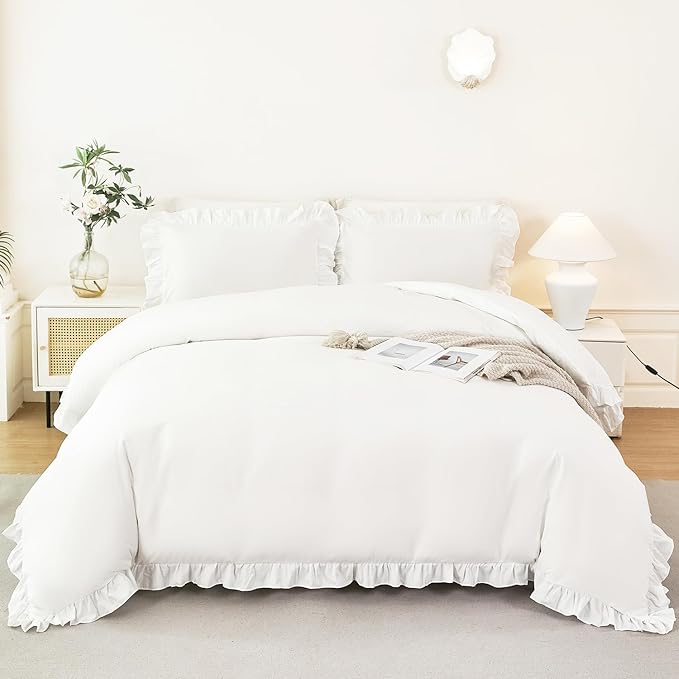 Twin Size Kids Duvet Covet Set White Ruffle Comforter Cover for Girls Teens 3 Pieces Fluffy Farmhouse Bedding Cover Set with Ruffled Layer for All Seasons(White, Twin)