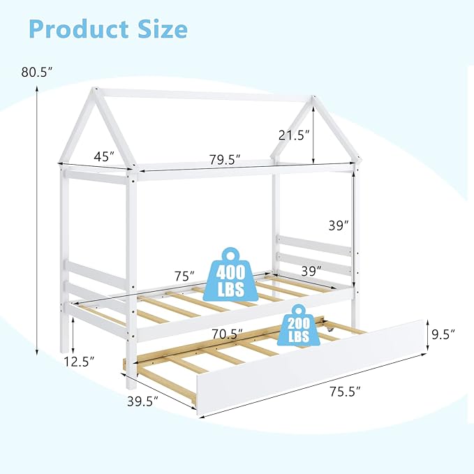 KOMFOTT Twin House Bed with Trundle, Solid Wood Playhouse Platform Bed Frame, Kids Daybed with Roof for Girls & Boys, No Box Spring Needed, Noise-Free Design, Easy Assembly, White