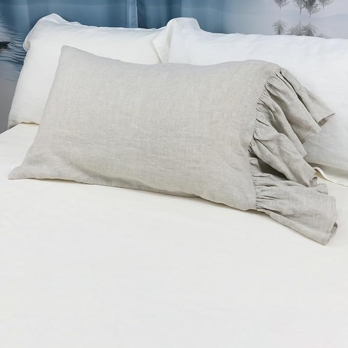 Nature Linen Ruffled Pillowcase, 100% French Linen Pillow Cover, 20x30'' Queen Size 1 Pack Farmhouse Pillow Case, with Decorative Ruffle Envelope Closure (Queen, Flax, 1 PCS)