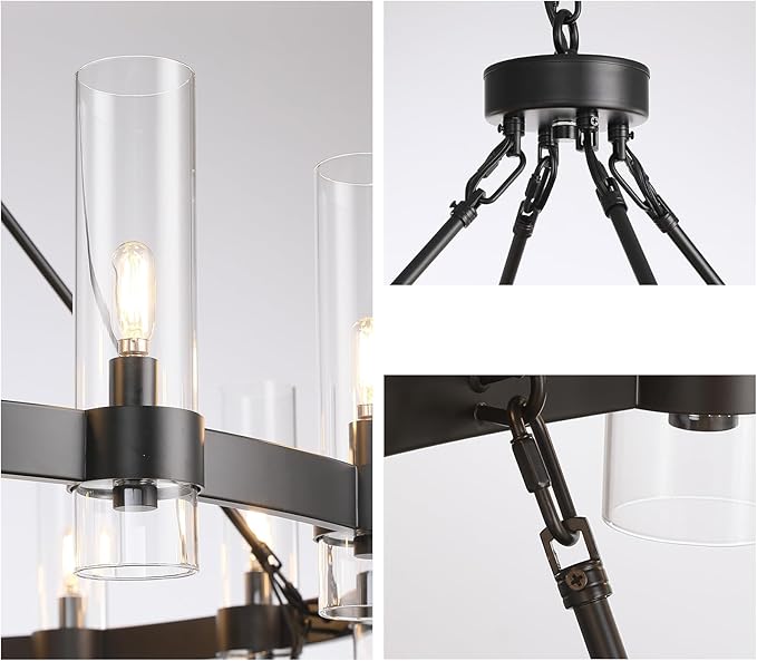 48 Inch Black Chandelier, Wagon Wheel Chandelier with Glass Shade, 16-Lights Large Round Modern Farmhouse High Ceiling Pendant Lighting Fixture for Dining Room, Living Room, Kitchen, Foyer