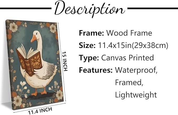 Vintage Framed Goose Wall Art Watercolor Print Book Lovers Gifts Bookish Gifts Wall Decor Canvas Wall Art Framed Prints Artwork Posters for Living Room Kitchen Bathroom Decorations 11.5X14.5 Inch