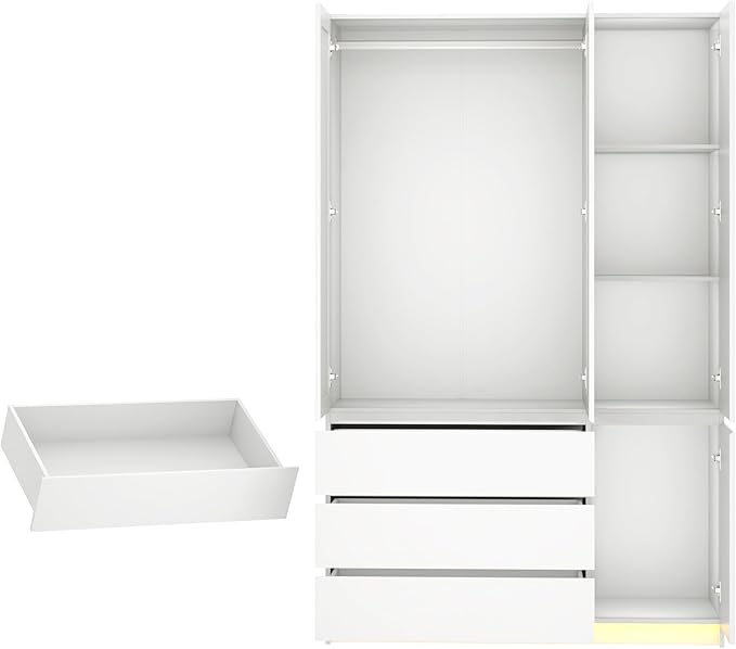 3 Doors Armoire Wardrobe Closet with 3 Drawers & Mirror, Modern Wooden Bedroom Armoires with Hanging Rod Led Lights for Bedroom, White