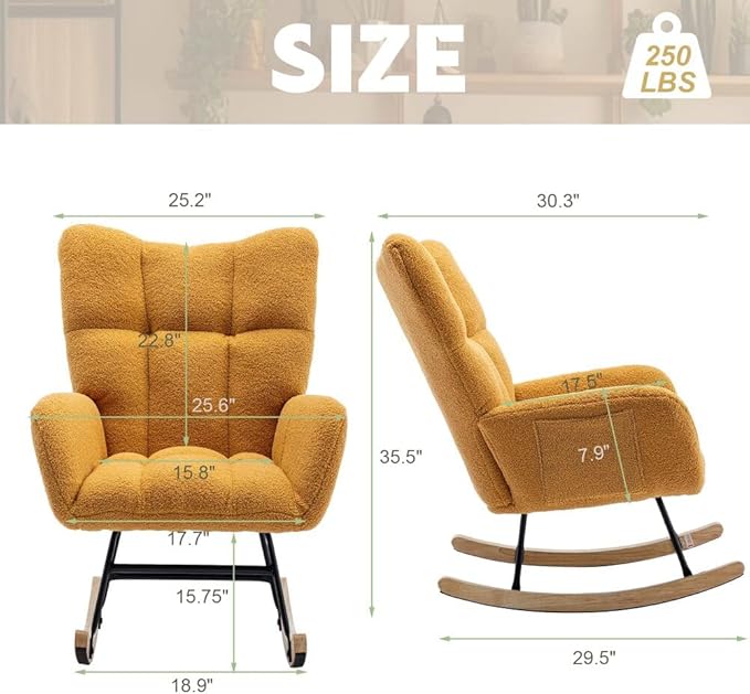 Nursery Rocking Chair Teddy Upholstered Glider Rocker Rocking Accent Chair with High Backrest Armchair Comfy Side Chair for Living Room, Bedroom, Offices (Turmeric)