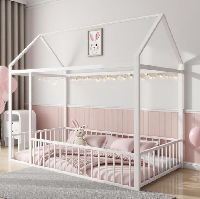 Bellemave Twin Size Montessori Floor Bed, Metal House Bed Frame for Kids, Montessori Floor Beds with Fence,White