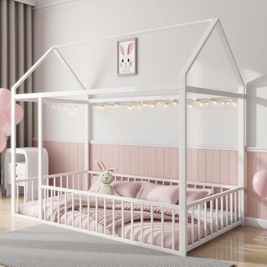 Bellemave Twin Size Montessori Floor Bed, Metal House Bed Frame for Kids, Montessori Floor Beds with Fence,White