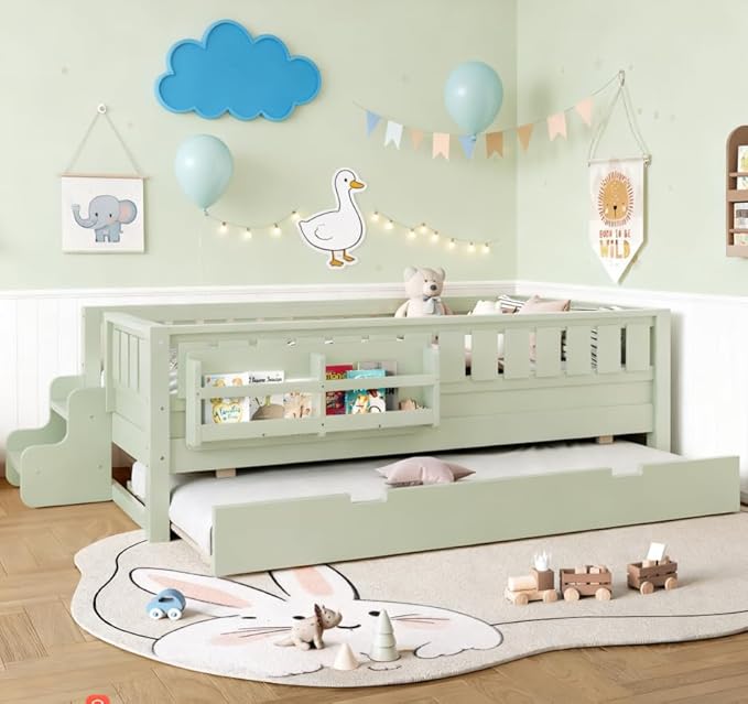 Bellemave Twin Size Kids Bed with high Rails and with Built-in Bookshelf and Trundle for Kids, Girls, Boys, Wood Montessori Bed Without Door, Avocado Green