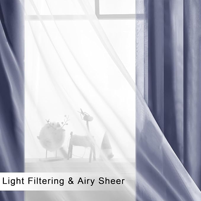Hiasan Blackout Curtains with Sheer Overlay, Thermal Insulated Privacy Mix and Match Double Layer Window Curtains for Bedroom, Living Room, 2 Drape Panels Sewn with Tiebacks, Navy Blue, 70W X 63L