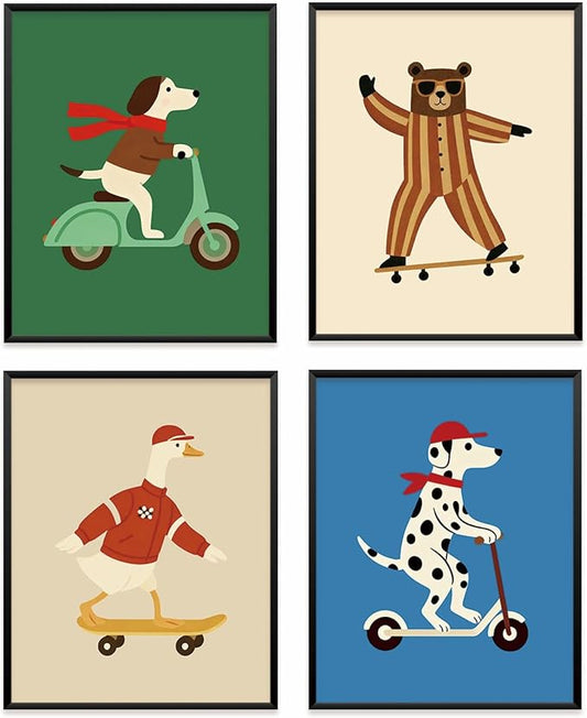 VONTP Kids Animal Nursery Wall Art Decor, Retro Dog Goose Bear Nursery Prints Poster Wall Decorations for Kids Boy Nursery Toddler Room Bedroom Playroom, 8x10 Inch Set of 4 (Unframed)