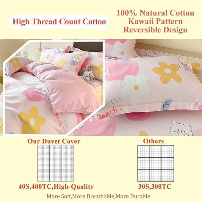 100% Cotton Kids Duvet Cover,Pink Peach Duvet Cover Set,Kawaii Bedding Set Queen Size,Cute Comforter Cover for Girls Boys(Peach,Queen)