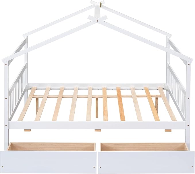 Harper & Bright Designs Full Size House Bed for Kids With Two Drawers, Wooden Frame With Storage, Roof Design for Girls Boys, White