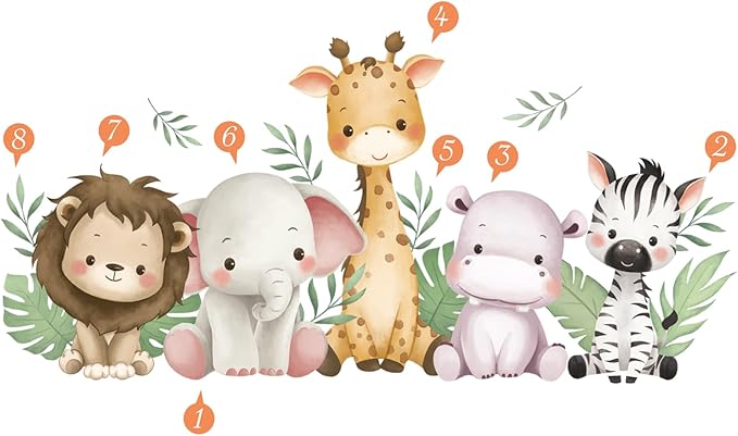 SHUCHING Watercolor Jungle Animal Wall Decals Peel and Stick, Vinyl Safari Giraffe Lion Elephant Wall Sticker, Wall Decor Art for Nursery Baby Playroom Kids Bedroom