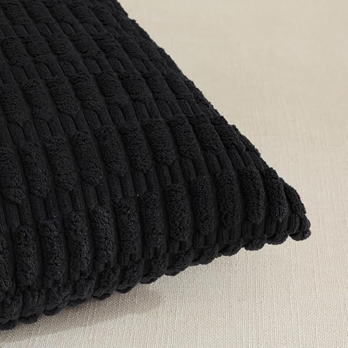 Fancy Homi 2 Packs Black Decorative Throw Pillow Covers 14x14 Inch for Living Room Couch Bed Sofa, Rustic Farmhouse Boho Home Decor, Soft Striped Corduroy Square Cushion Case 35x35 cm