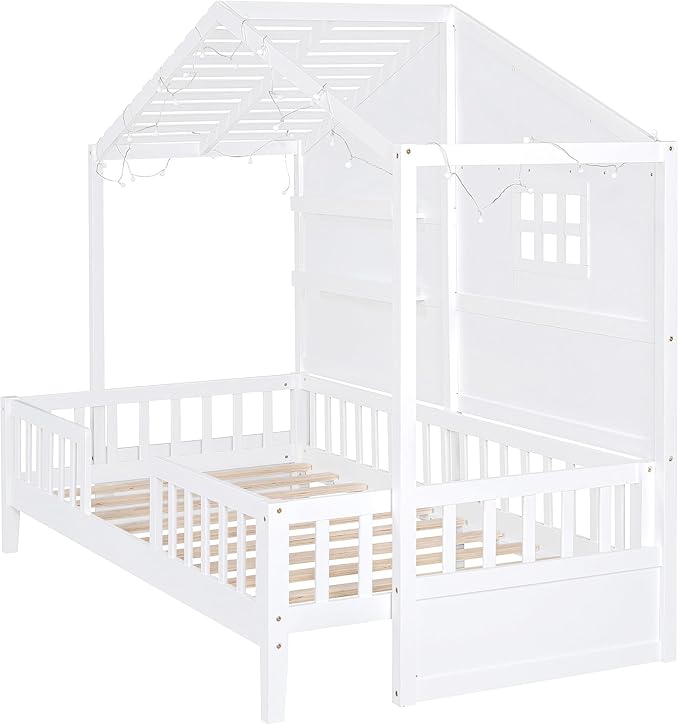 Merax Twin Size House Bed with Shelves, House Bed with Window and Sparkling Light Strip on The Roof, White