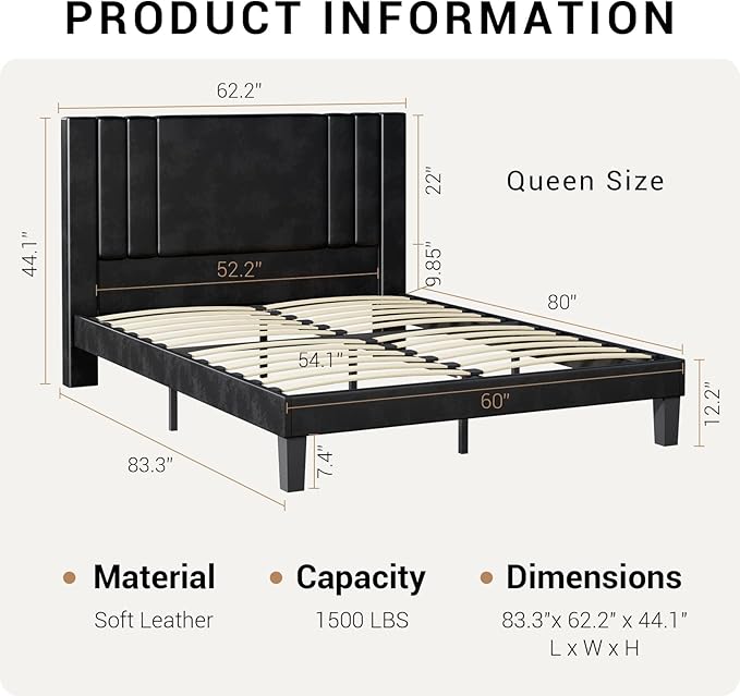 Tyndall Queen Size Bed Frame, Faux Leather Upholstered Platform with Headboard