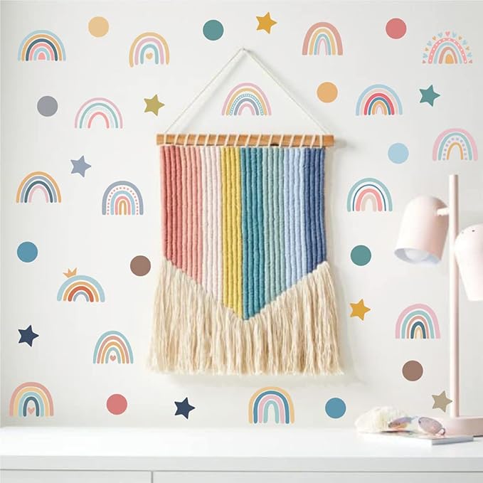 Bohemian Rainbow Wall Decals for Kids Room – 152 Pcs Removable Waterproof Pastel Vinyl Stickers with Rainbows, Stars, Dots | 8 Sheets Peel & Stick Wall Art for Bedroom, Playroom & Nursery(Style B)