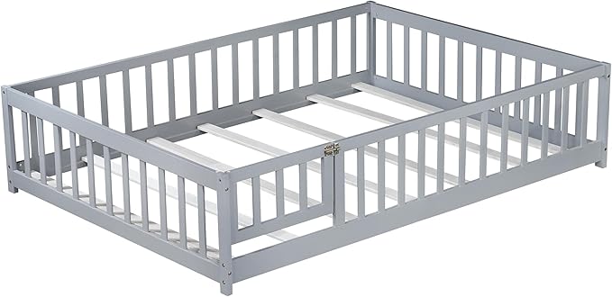 Ball & Cast Full Size Montessori Floor Bed,Wooden Floor Bed Frame with Wood Slats,Montessori Toddler Bedframe W/Door and Safety Guardrails for Girls Boys,Bedroom,Playroom,No Box Spring Needed,Grey