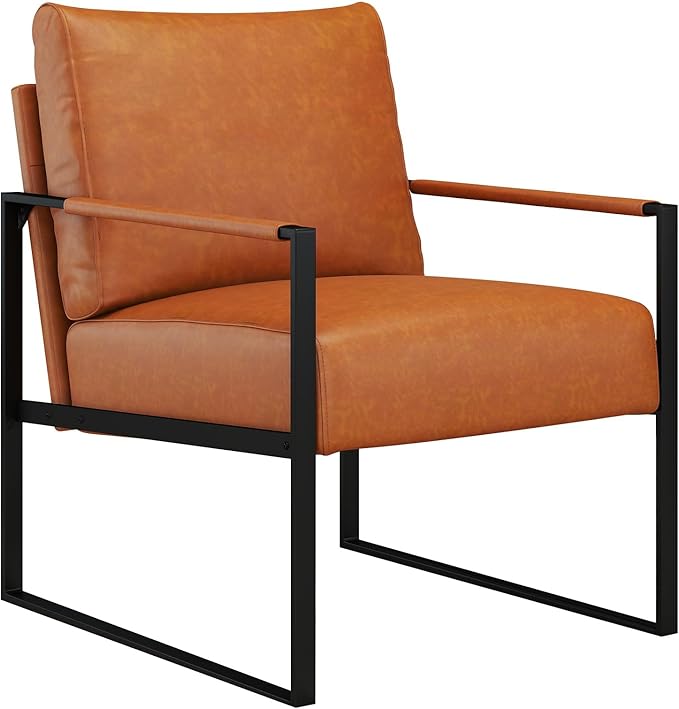 CANMOV Modern Accent Chair Set of 2, PU Leather Armchair with Metal Frame,Comfy Single Reading Chair with Soft Padded Backrest and Cushion for Living Room, Bedroom,Reading Room,Office,Brown