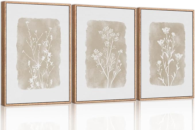 CHDITB Neutral Botanical Wall Art Set of 3, 24"x36" Large Framed Boho Farmhouse Wall Decor, Modern Minimalist Floral Wall Painting, Rustic Wildflower Canvas Art Prints for Living Room, Bedroom