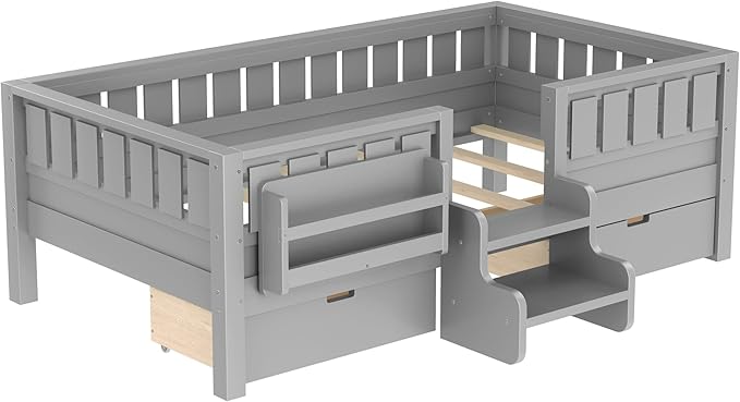 Bellemave Twin Bed with Slats and Stairs, Twin Size Platform Bed Frame with Fence, Bookshelf and Storage Drawers, Easy Assemble Beds for Kids, Girls, Boys, Gray
