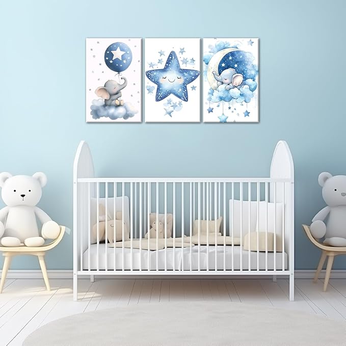 Nursery Canvas Wall Art Elephant Pictures Wall Decor Moon and Stars Painting Baby Boy Prints Cute Animal Poster Artwork for Kids Room Bathroom Decor Framed(Baby-1,24L x 36W x 3Pcs)
