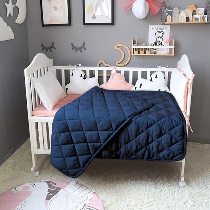 BEDSUM 100% Brushed Microfiber Down Alternative Toddler Comforter, Ultra Soft Lightweight and Warm Breathable Crib Quilted Blanket for Nursery Stroller Bed, 39x47 Inches, Navy Blue