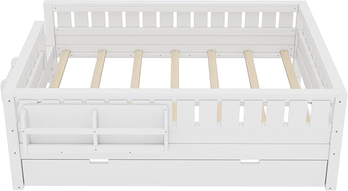 Bellemave Full Size Kids Bed with high Rails and with Built-in Bookshelf and Trundle for Kids, Girls, Boys, Wood Montessori Bed Without Door, White