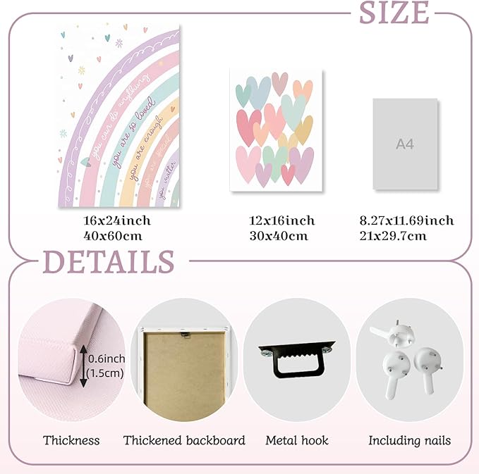 LLEEMPI Framed Pink Heart Sun Rainbow Wall Art Set of 3, Baby Room Wall Decor, Boho Rainbow Nursery Canvas Painting, Classic Minimalist Poster Prints for Bedroom Bathroom Classroom 12x16 Inch