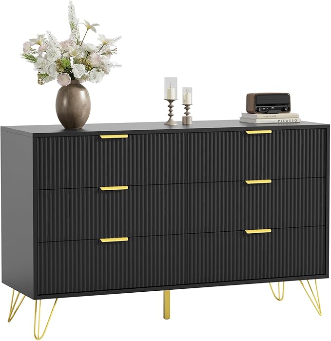 LYNSOM Fluted Dresser for Bedroom, Black 6 Drawer Dresser with Gold Handles and Wide Drawers, Wood Chest of Drawers for Bedroom, Hallway