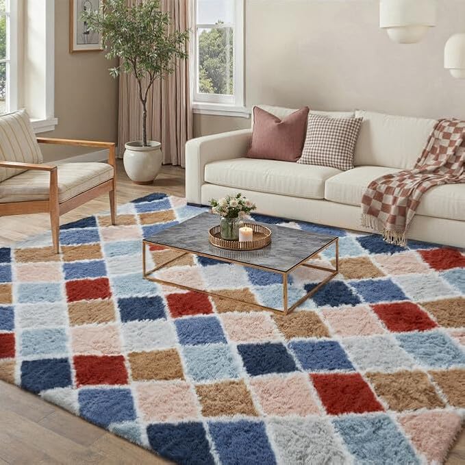 5x7 Checkered Rug for Living Room Rainbow Modern Soft Area Rug Fluffy Non-Slip Carpet for Bedroom Playroom Home Aesthetic Decor