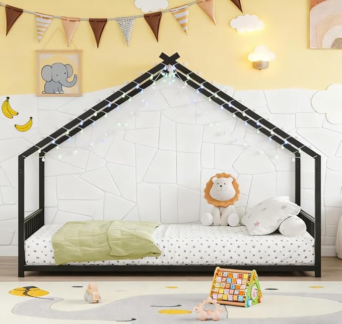 Bellemave Twin Size Montessori Floor Beds with Slats for Kids, Metal Twin House Bed for Kids, Black with Slats and Lights