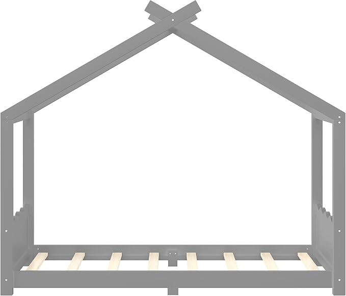 Twin Size Wooden House Floor Bed - Kids Bed Frame with Roof & Support Slats for Bedroom, No Box Spring Needed, Easy Assembly (Grey)