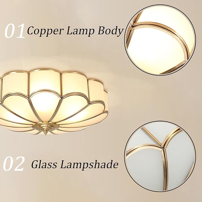 Mid Century Brass Flush Mount 4-Light LED Ceiling Lamp, Frosted Glass Shade Modern Light, Close to Ceiling Decorative for Bedroom Living Room (17.71" W)