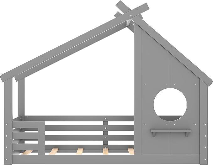 SOFTSEA Twin Size Floor House Bed with Roof, Solid Wood Montessori Bed Frame with Slats and Guardrails, Kids Playhouse Floor Bed for Boys Girls, No Spring Box Needed, Grey