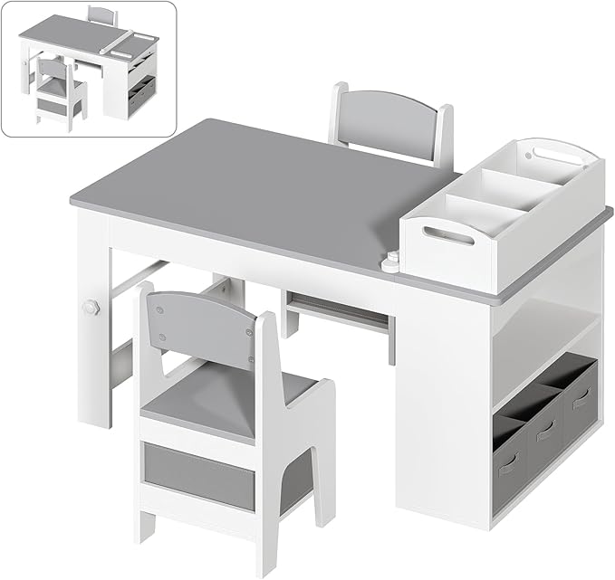 Kids Art Table and Chair Set, Wooden Toddler Activity Desk with Removable Tabletop Shelf and 5 Storage Drawers, Paper Pressing Rod & Roll Holder for Playroom, Nursery, Grey and White