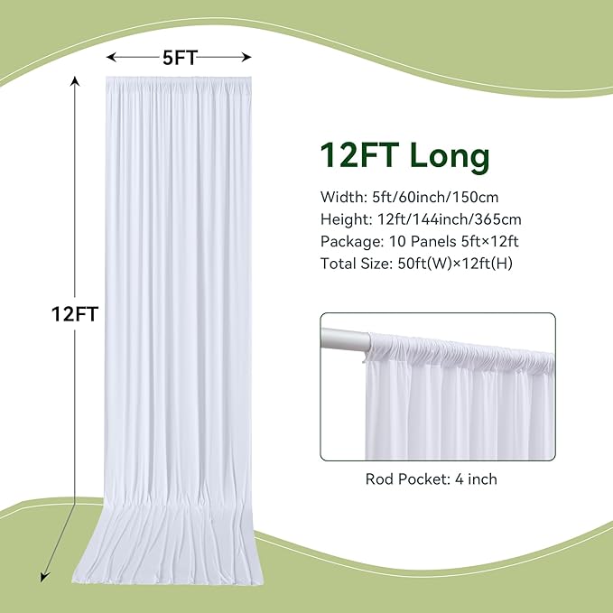50×12ft Wrinkle Free White Backdrop Curtain, Soft Silky Draping Wedding Drapes for Backdrop 10 Panels 12 ft Long Backdrop Curtains for Birthday Baby Shower Photo Photography Background Cloth