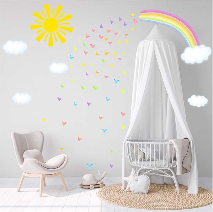 Colorful Rainbow Wall Decals Sun Cloud Wall Decals Colorful Heart Wall Stickers Watercolor Yellow Sun Decal Large Rainbow Wall Stickers for Girls Room Kids Bedroom Nursery Decor