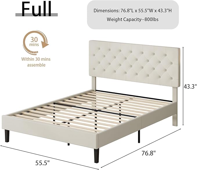 BarnFurin Full Bed Frame, Upholstered Platform Bed with Button Tufted Headboard, Fabric Bed Frame with Wooden Slats Support, No Box Spring Required, Easy Assembly, Cream