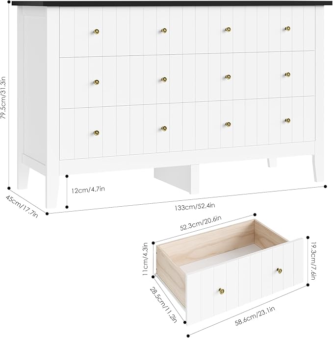 FOTOSOK White Dresser, Chest of Drawers, Modern 6 Drawer Double Dressers with Deep Drawers, Nursery Dresser for Baby, Wide Storage Organizer Cabinet for Living Room, Hallway, White&Black
