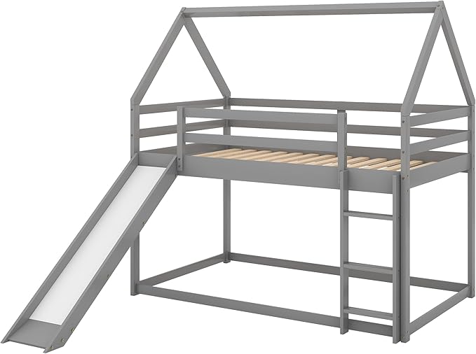 Twin Size Bunk House Bed with Slide and Ladder,can Switch Positions Left & Right,Bedroom Wood Loft Bed Frame W/No Box Spring Required,Easy to Assemble,for Kids Teens Girls Boys,Gray