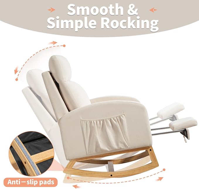 Rocking Chair Nursery Glider Chair with Foot Rest, Nursery Rocking Chairs with Rubber Wood Legs Side Pocket, High Back Nursing Chair, Accent Rocker Arm Chair Baby Bedroom, Living Room, Beige