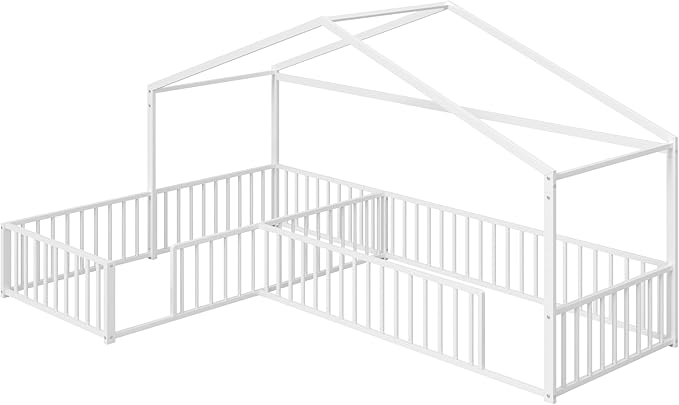 Double Twin Size L-Shaped Floor Bed,Metal Corner House Bed Frame with Fence,House-Style Floor Bed for 2 Kids,Without Slats,White