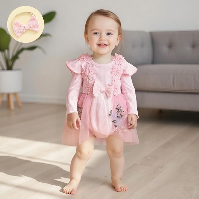 Giraropa Baby Girl Fall Winter Clothes Long Sleeve Romper Dress + Socks + Headband Newborn Infant Cute Casual Outfits