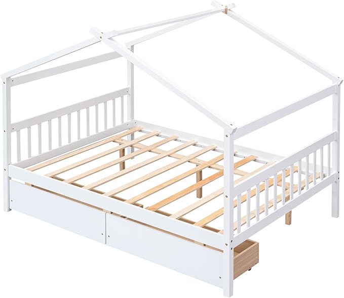 Harper & Bright Designs Full Size House Bed for Kids With Two Drawers, Wooden Frame With Storage, Roof Design for Girls Boys, White